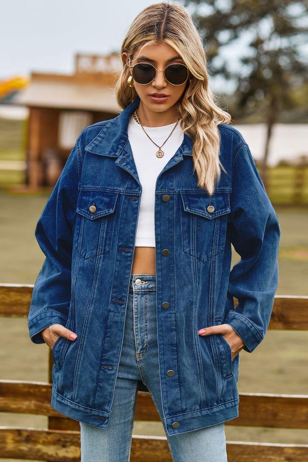 Buttoned Collared Neck Denim Jacket with Pockets - Clothes For Her Online Store