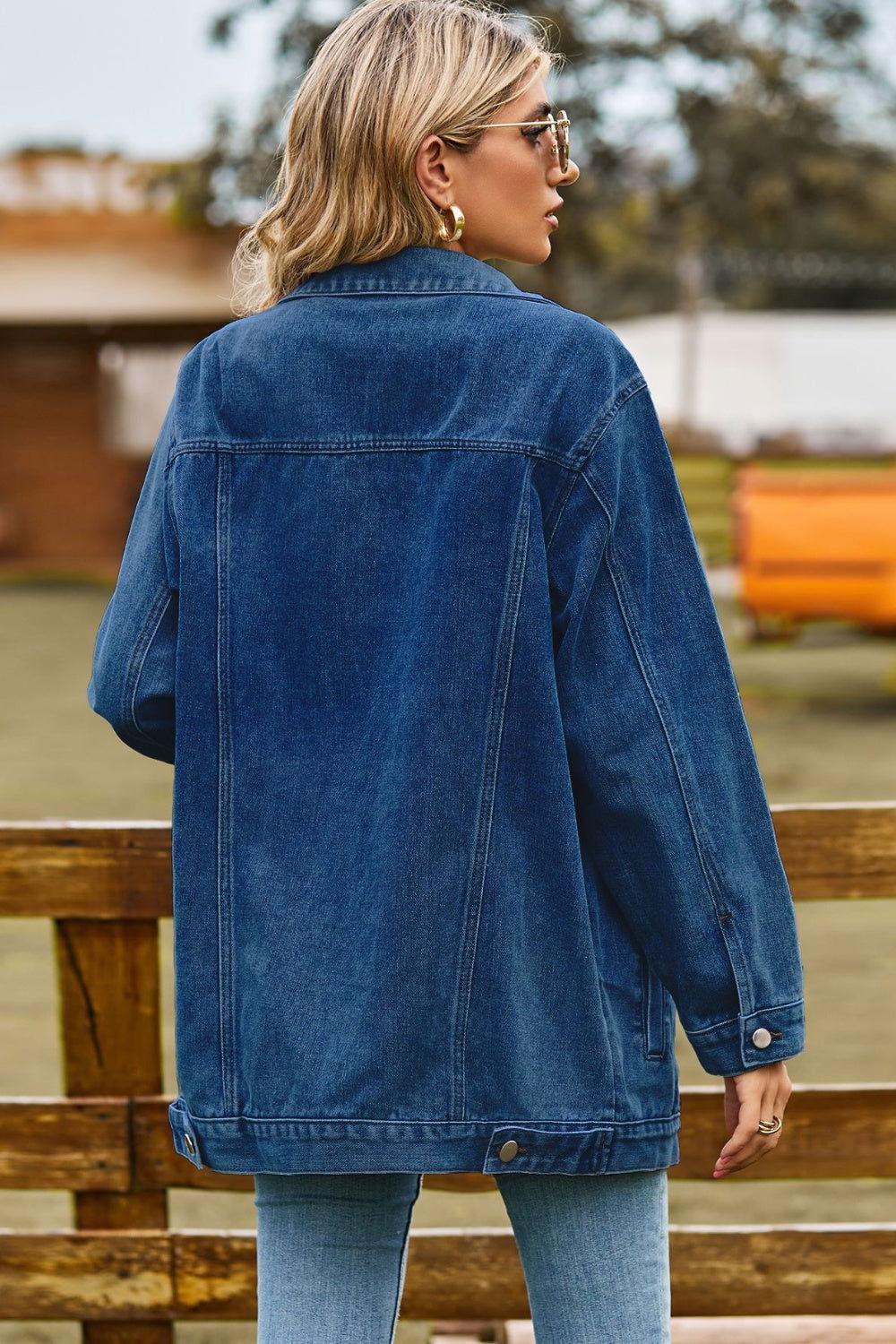 Buttoned Collared Neck Denim Jacket with Pockets - Clothes For Her Online Store