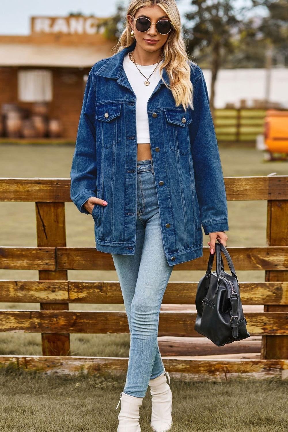 Buttoned Collared Neck Denim Jacket with Pockets - Clothes For Her Online Store