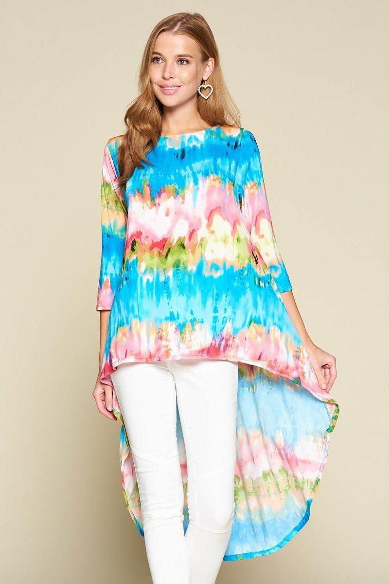 Tie-dye Venechia High Low Fashion Top With 3/4 Sleeves