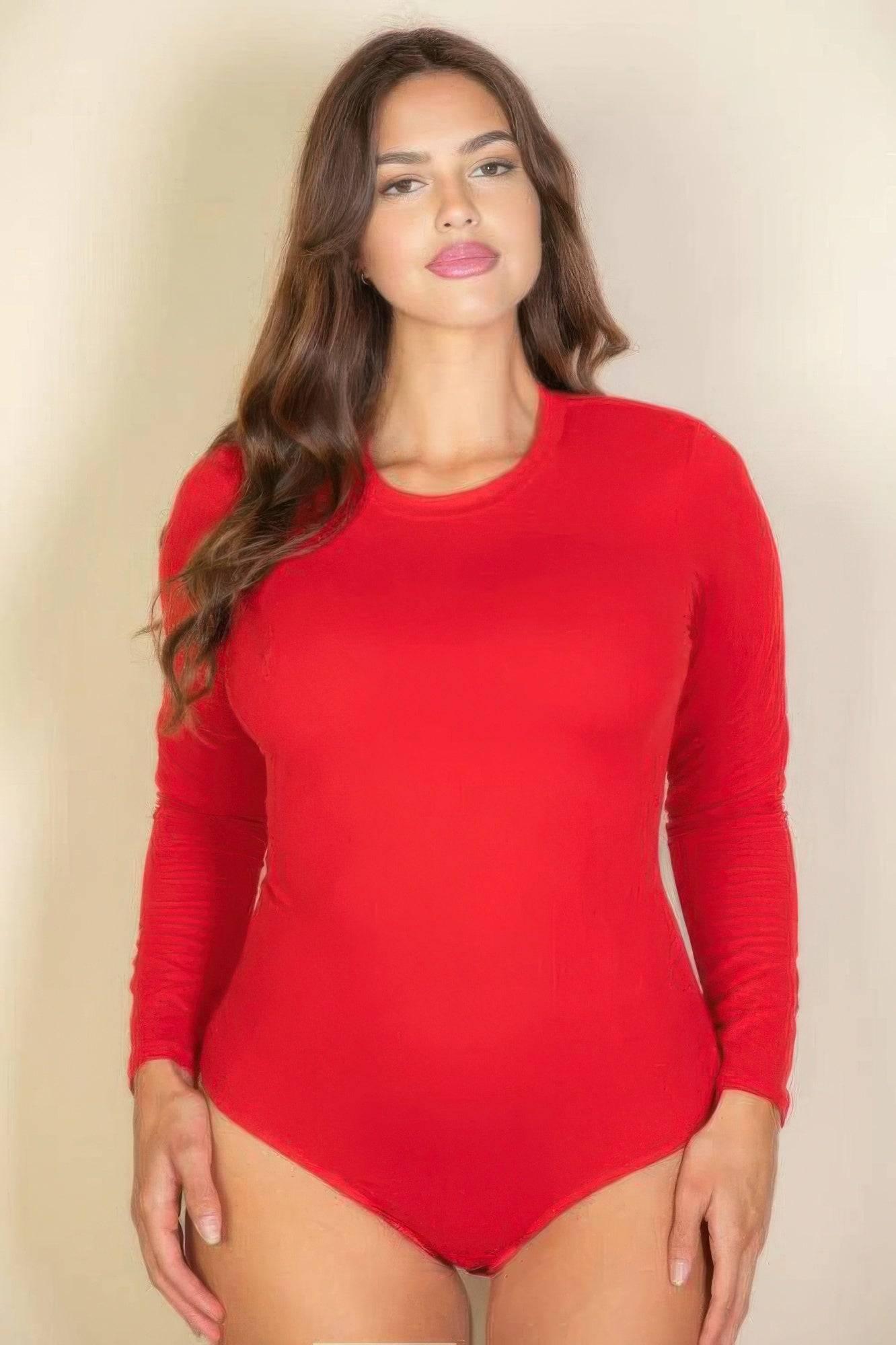 Plus solid long sleeve round neck bodysuit