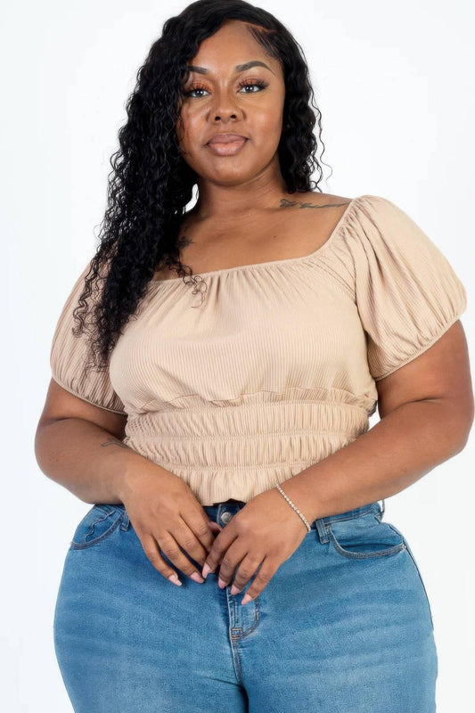 Plus size casual ruched puff sleeve ribbed knit solid top - Clothes For Her Online Store