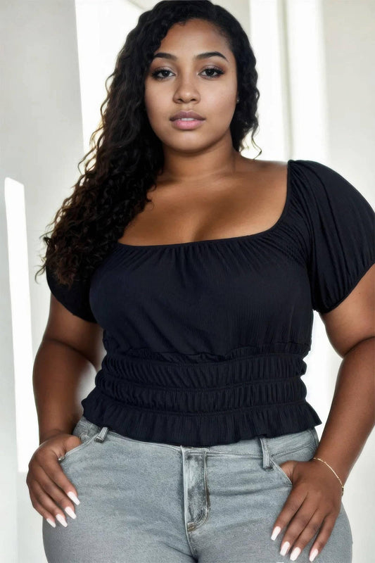 Plus size casual ruched puff sleeve ribbed knit solid top - Clothes For Her Online Store