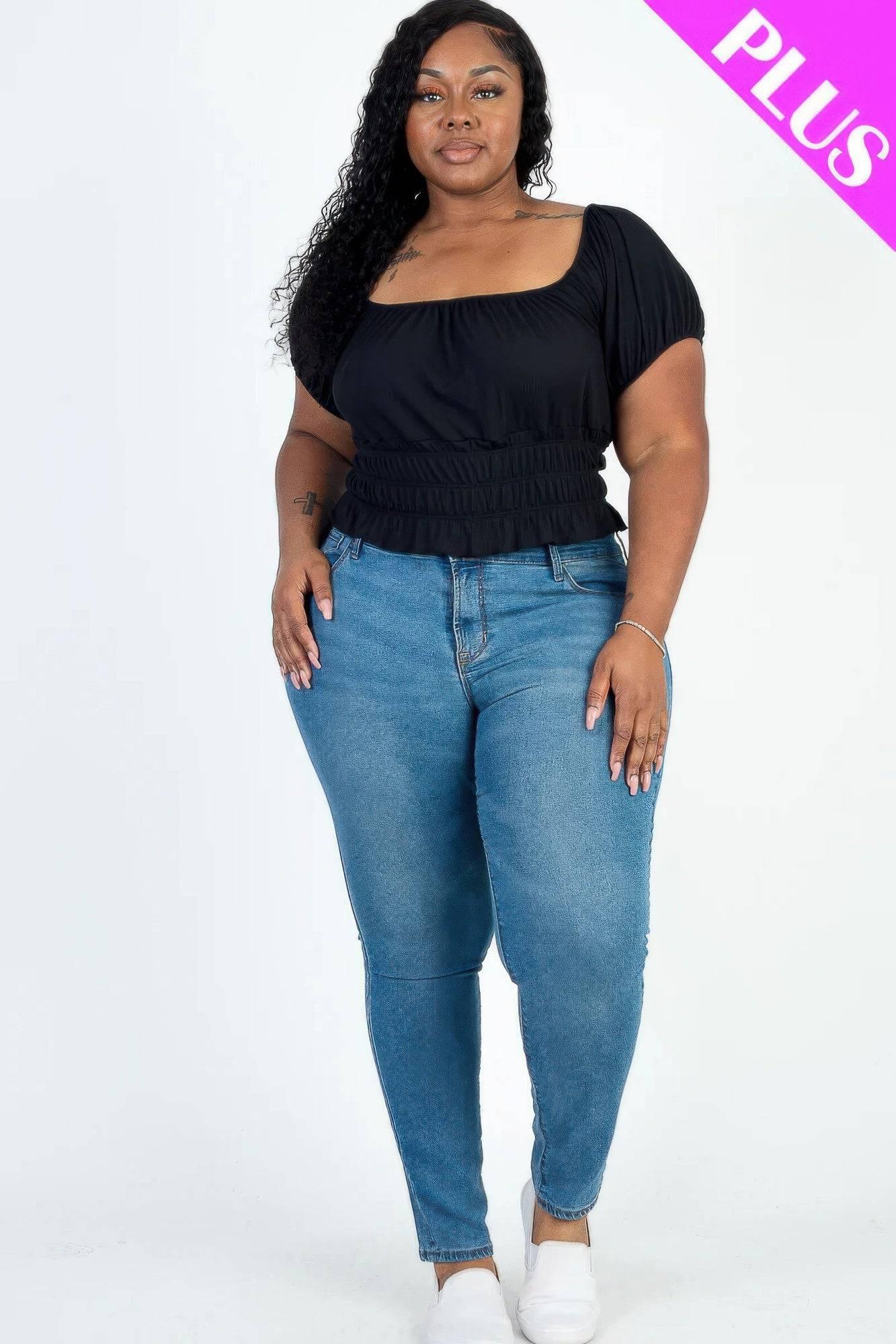 Plus size casual ruched puff sleeve ribbed knit solid top - Clothes For Her Online Store