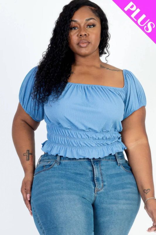 Plus size casual ruched puff sleeve ribbed knit solid top - Clothes For Her Online Store