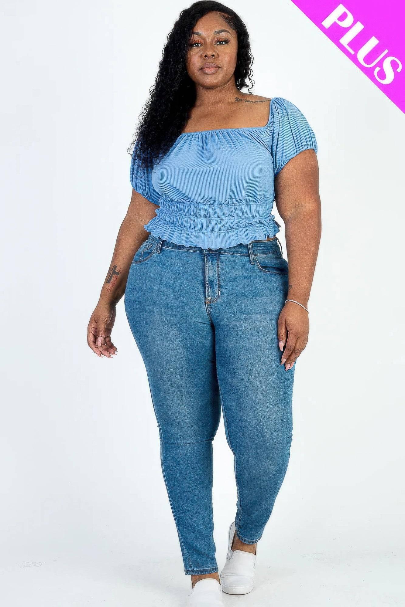 Plus size casual ruched puff sleeve ribbed knit solid top - Clothes For Her Online Store