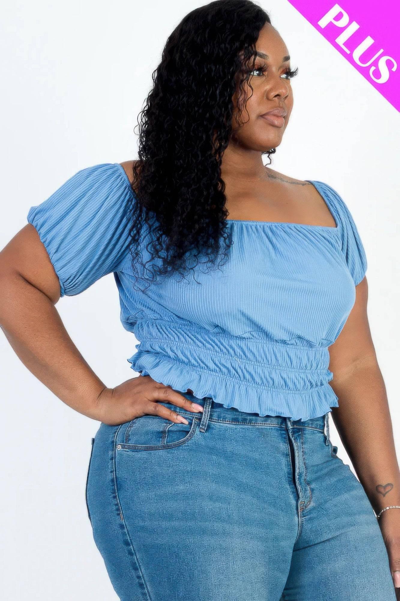 Plus size casual ruched puff sleeve ribbed knit solid top - Clothes For Her Online Store