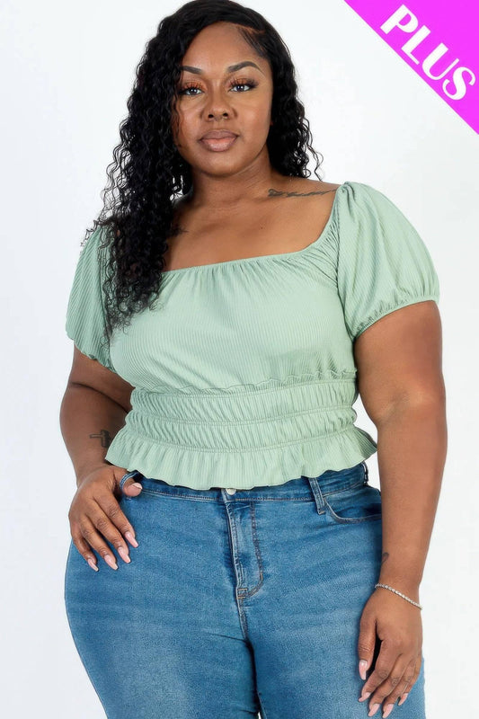 Plus size casual ruched puff sleeve ribbed knit solid top - Clothes For Her Online Store