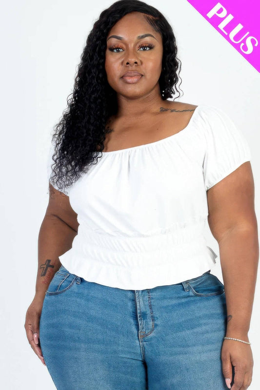 Plus size casual ruched puff sleeve ribbed knit solid top - Clothes For Her Online Store