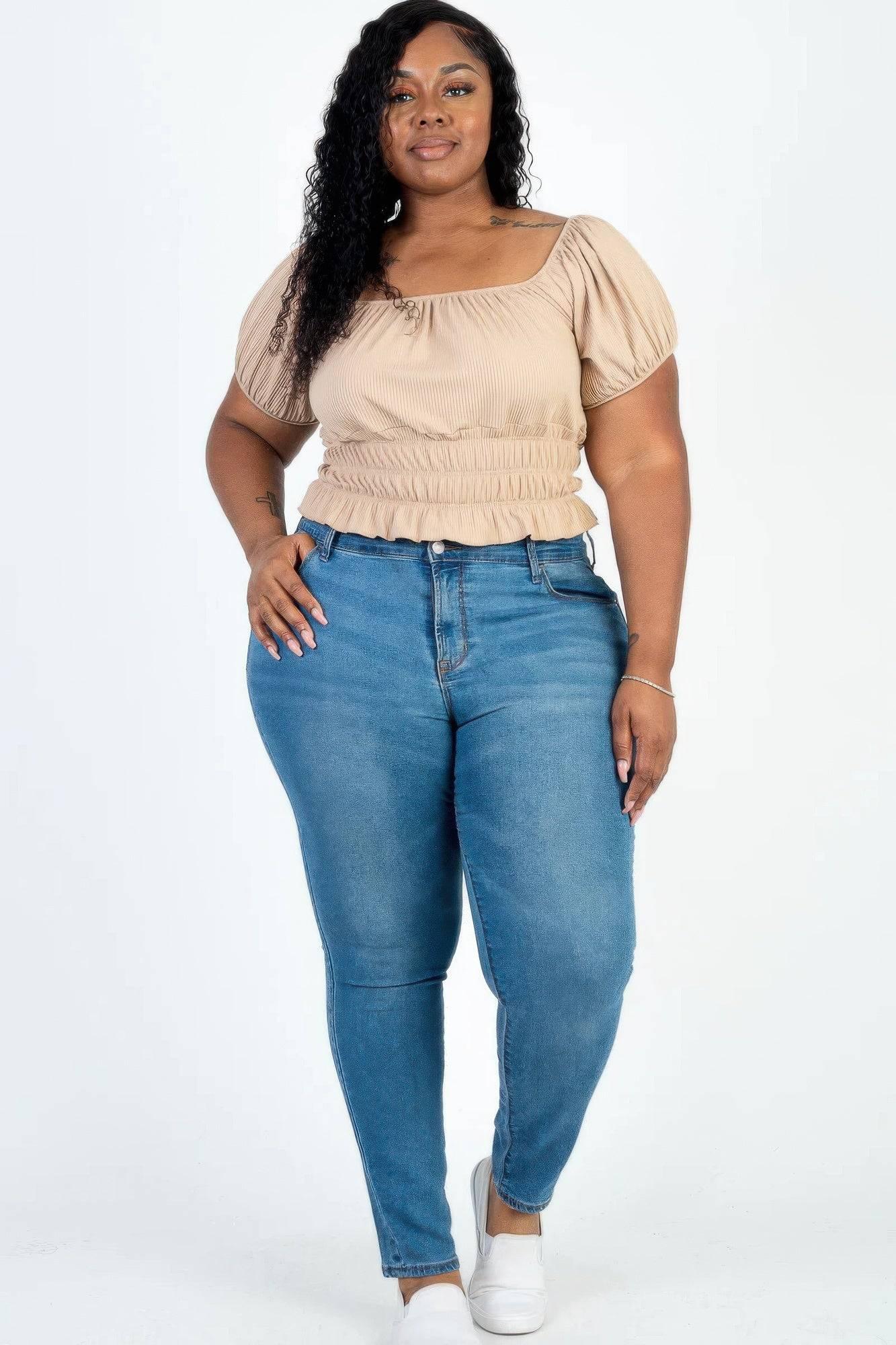Plus size casual ruched puff sleeve ribbed knit solid top - Clothes For Her Online Store