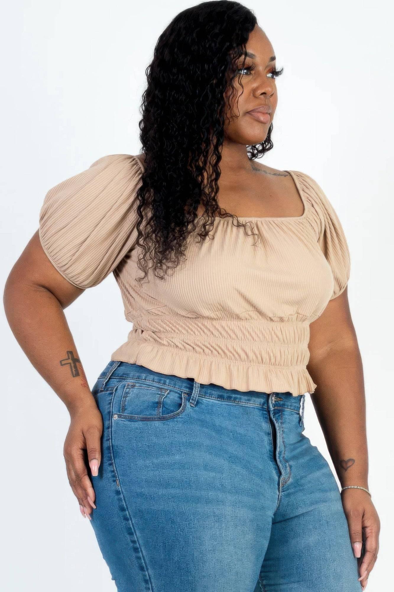 Plus size casual ruched puff sleeve ribbed knit solid top - Clothes For Her Online Store