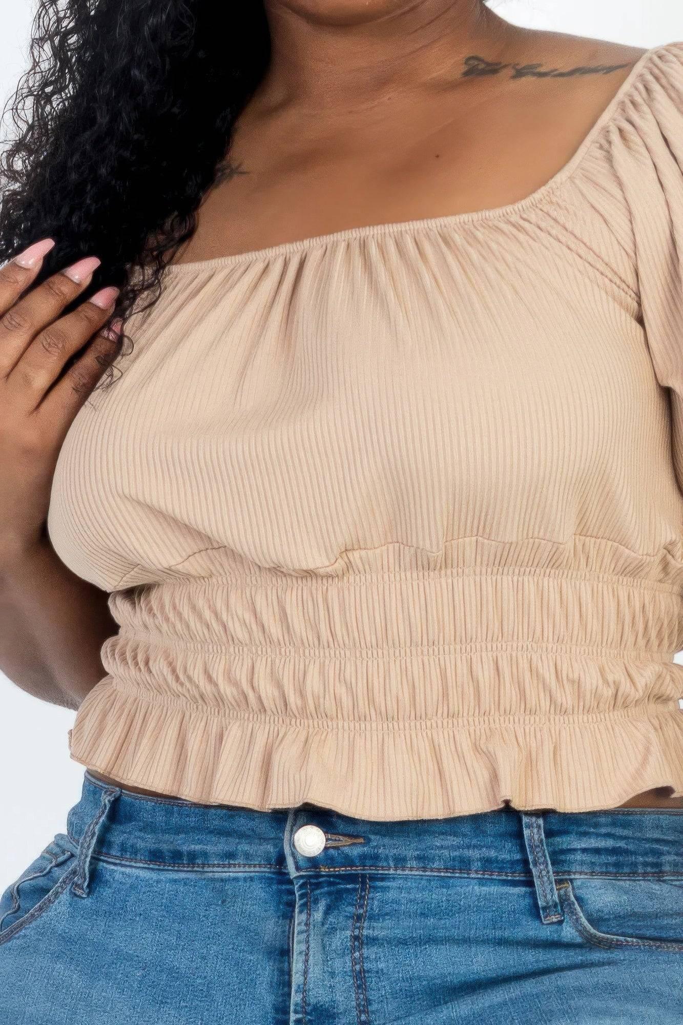 Plus size casual ruched puff sleeve ribbed knit solid top - Clothes For Her Online Store