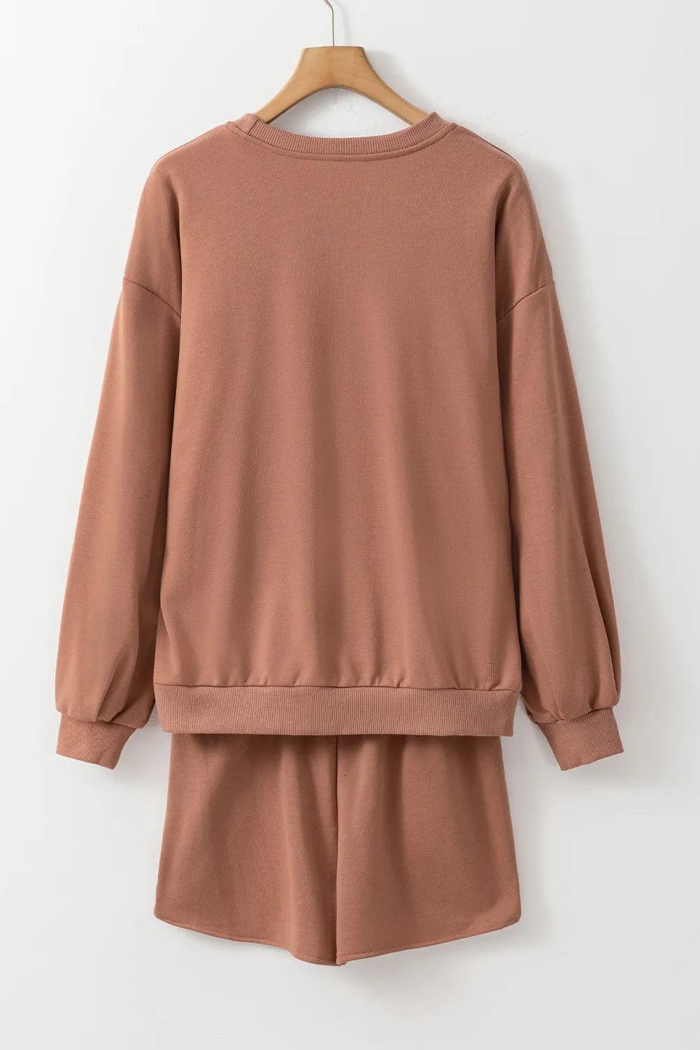 COFFEE Sequin Round Neck Long Sleeve Top and Shorts Set - Clothes For Her Online Store
