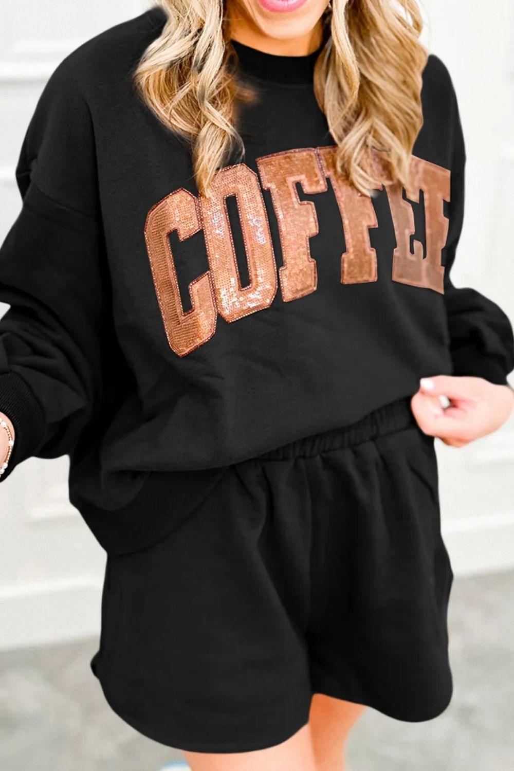 COFFEE Sequin Round Neck Long Sleeve Top and Shorts Set - Clothes For Her Online Store