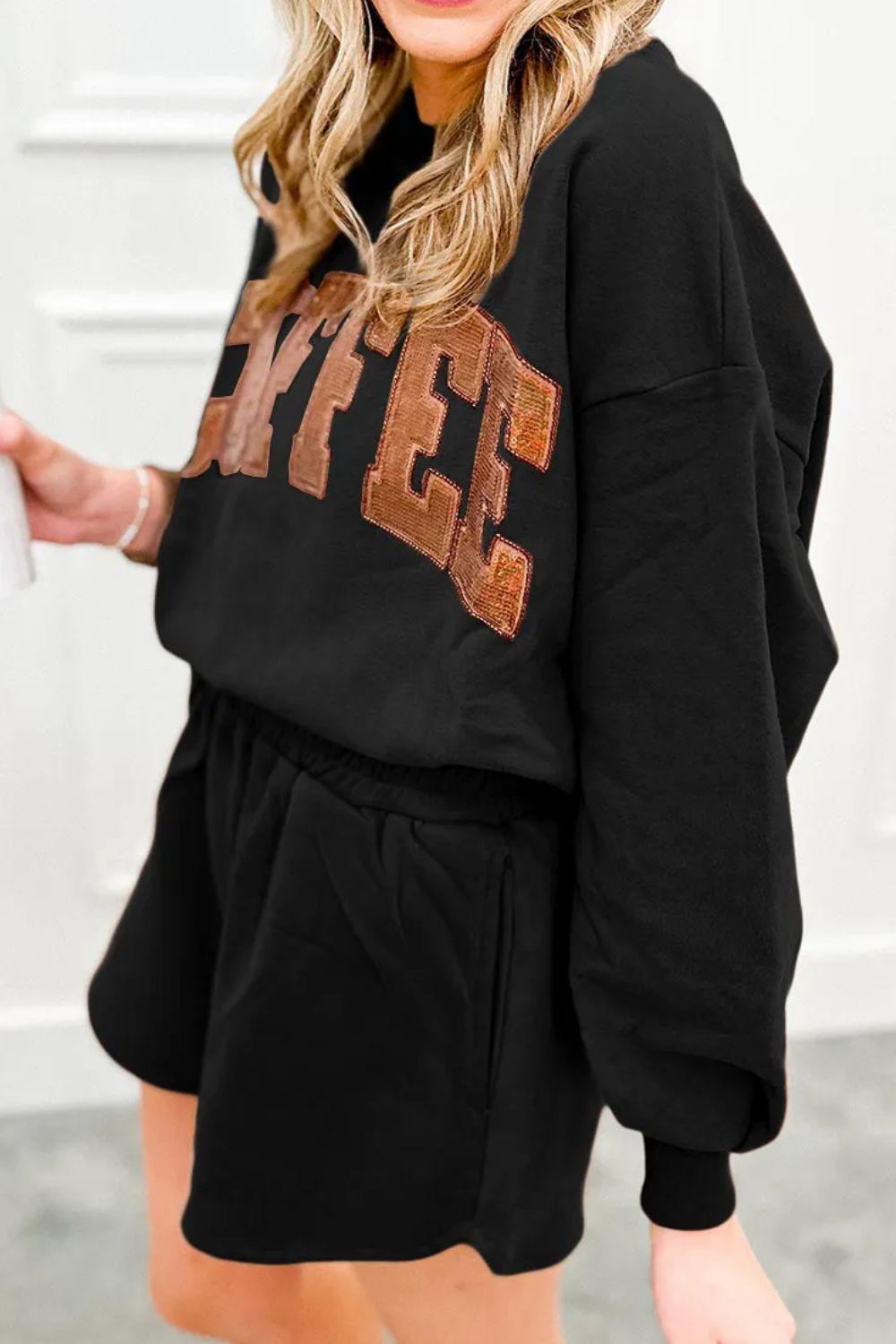 COFFEE Sequin Round Neck Long Sleeve Top and Shorts Set - Clothes For Her Online Store