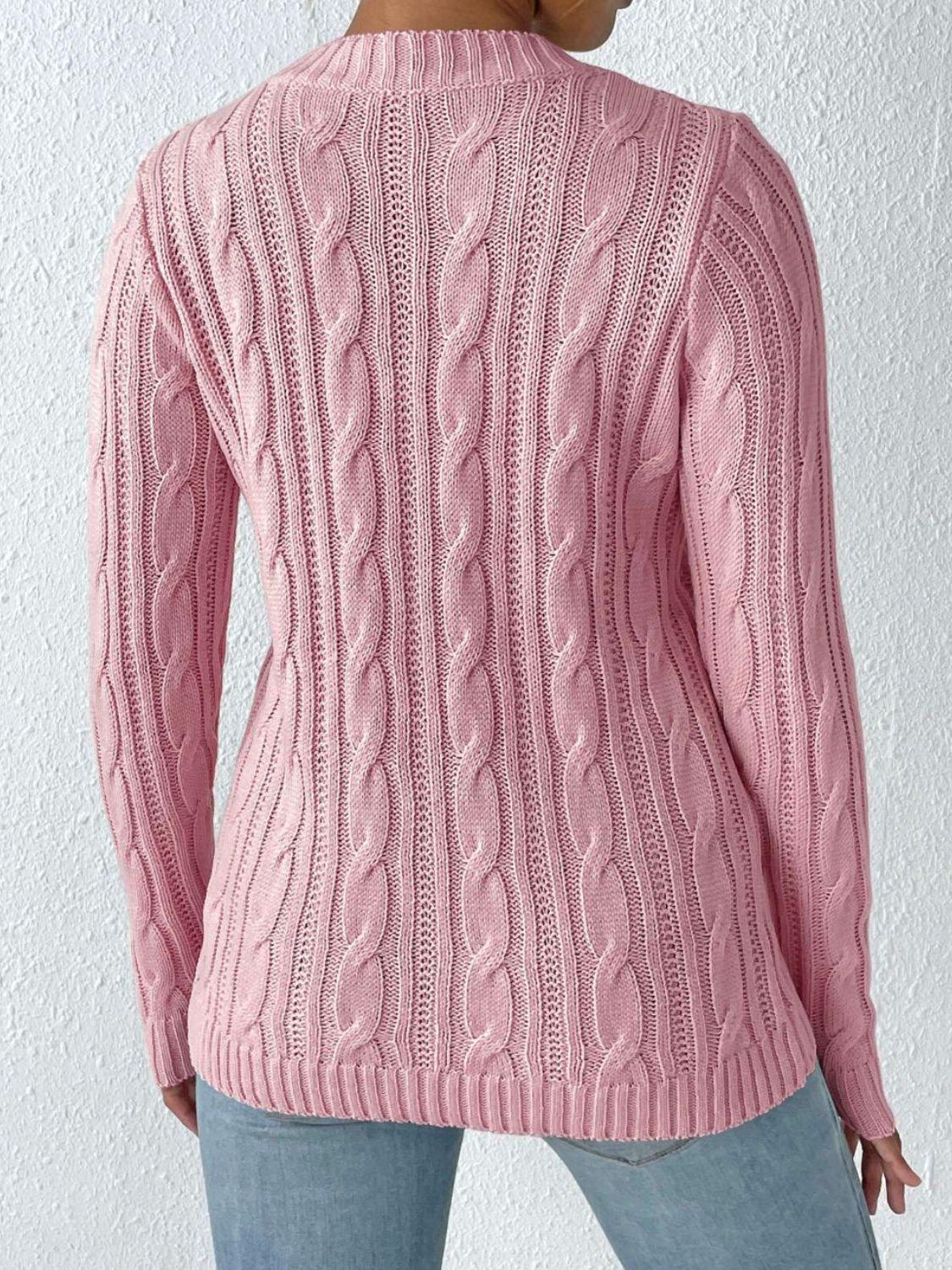 Cable-Knit Heart Round Neck Long Sleeve Sweater - Clothes For Her Online Store