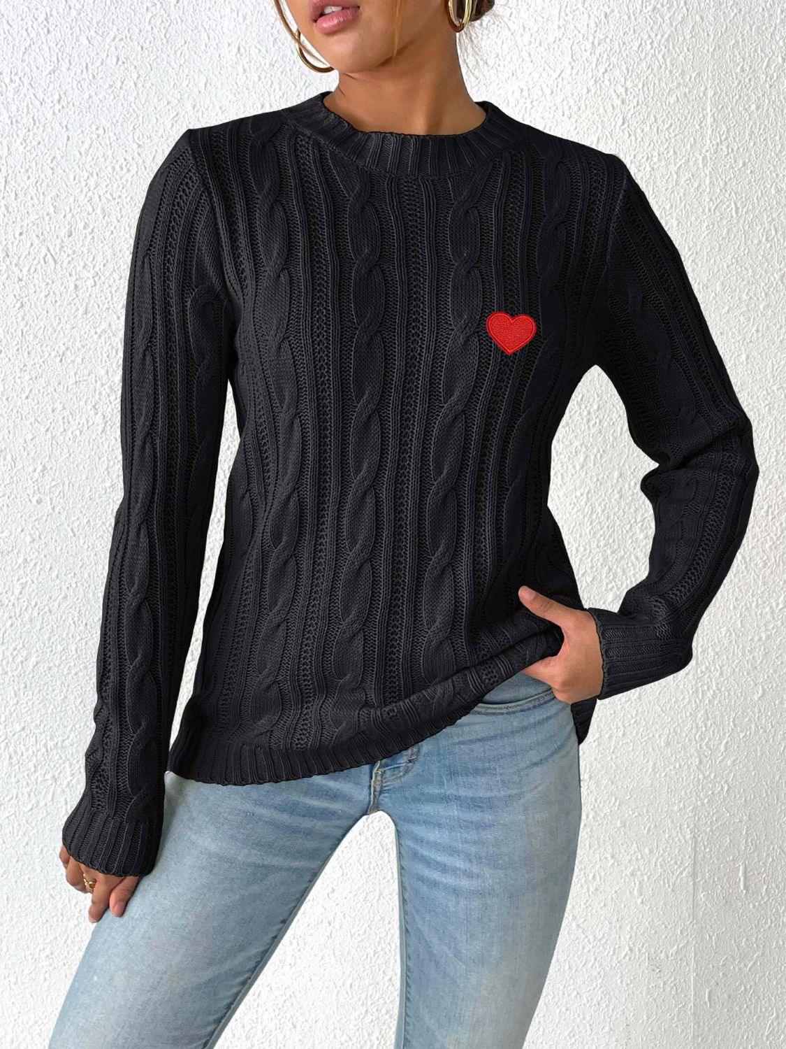 Cable-Knit Heart Round Neck Long Sleeve Sweater - Clothes For Her Online Store