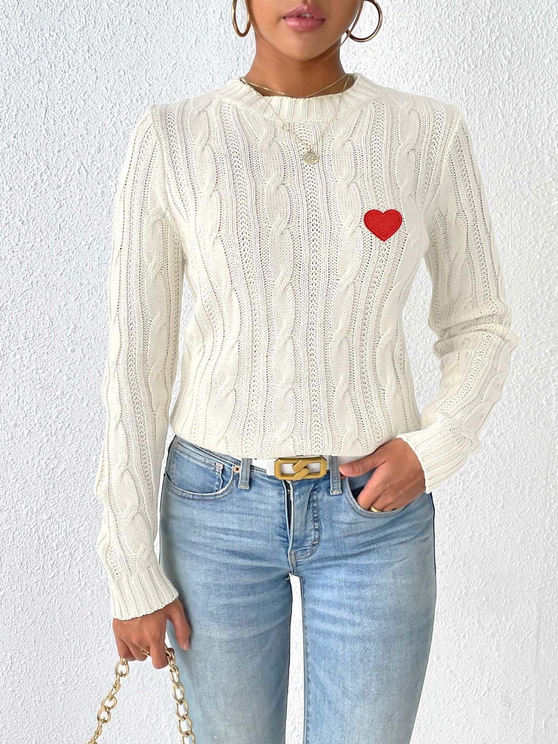 Cable-Knit Heart Round Neck Long Sleeve Sweater - Clothes For Her Online Store