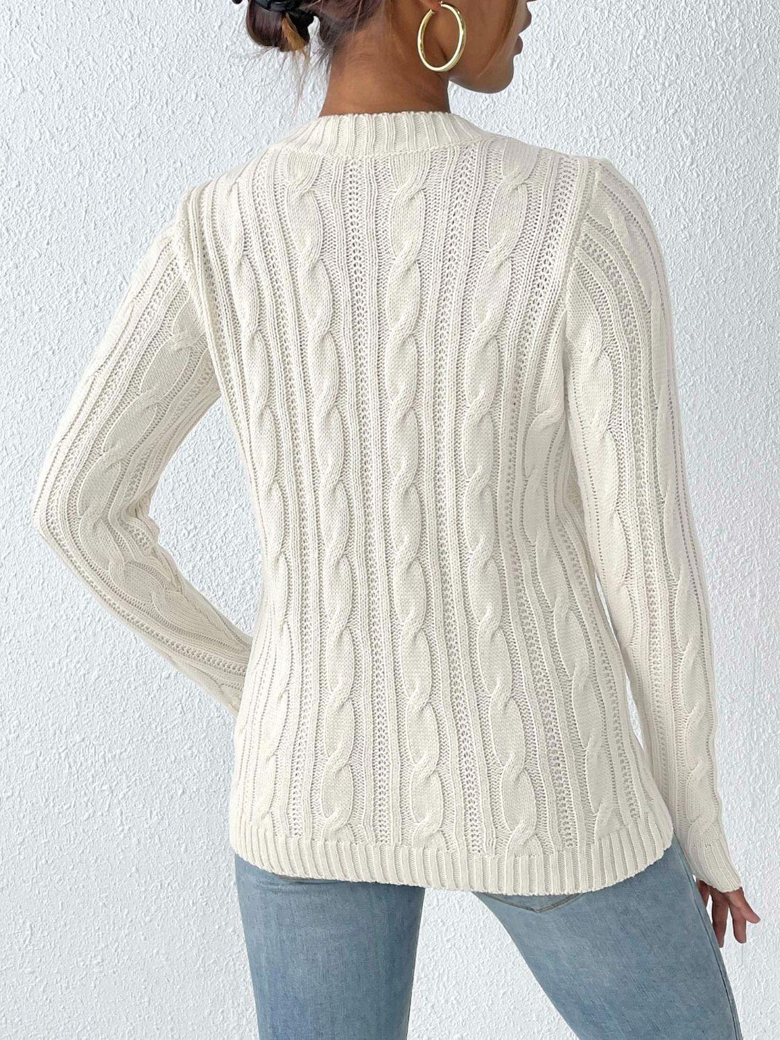 Cable-Knit Heart Round Neck Long Sleeve Sweater - Clothes For Her Online Store