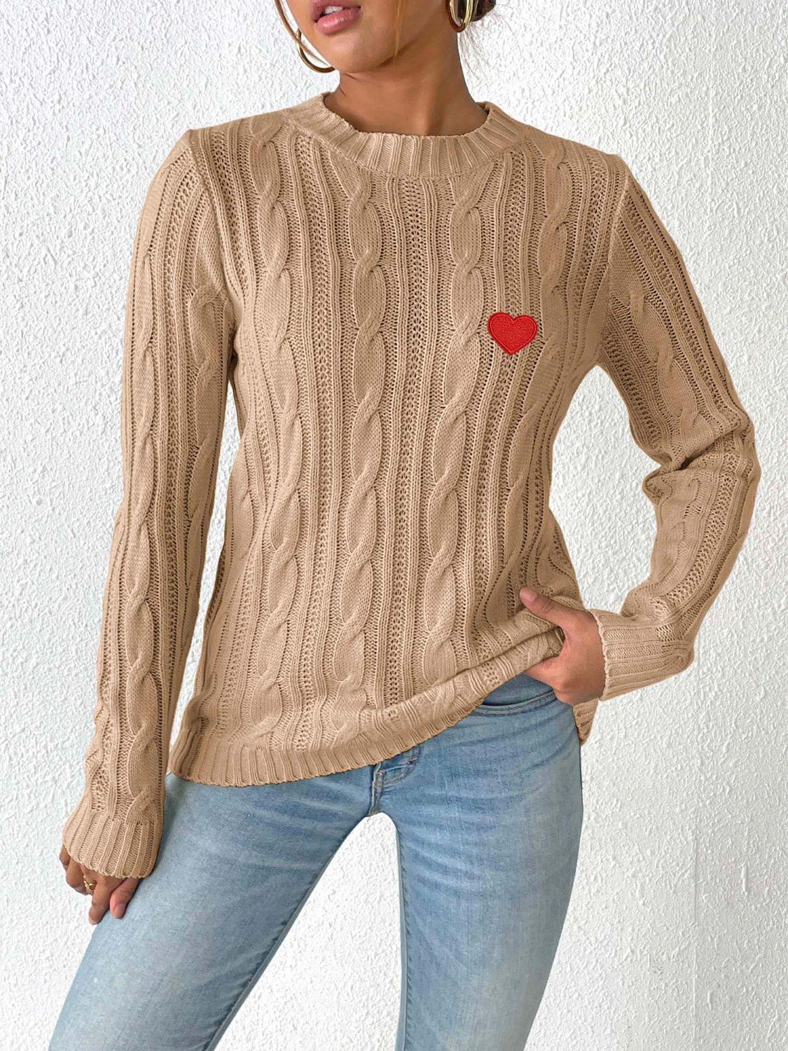 Cable-Knit Heart Round Neck Long Sleeve Sweater - Clothes For Her Online Store