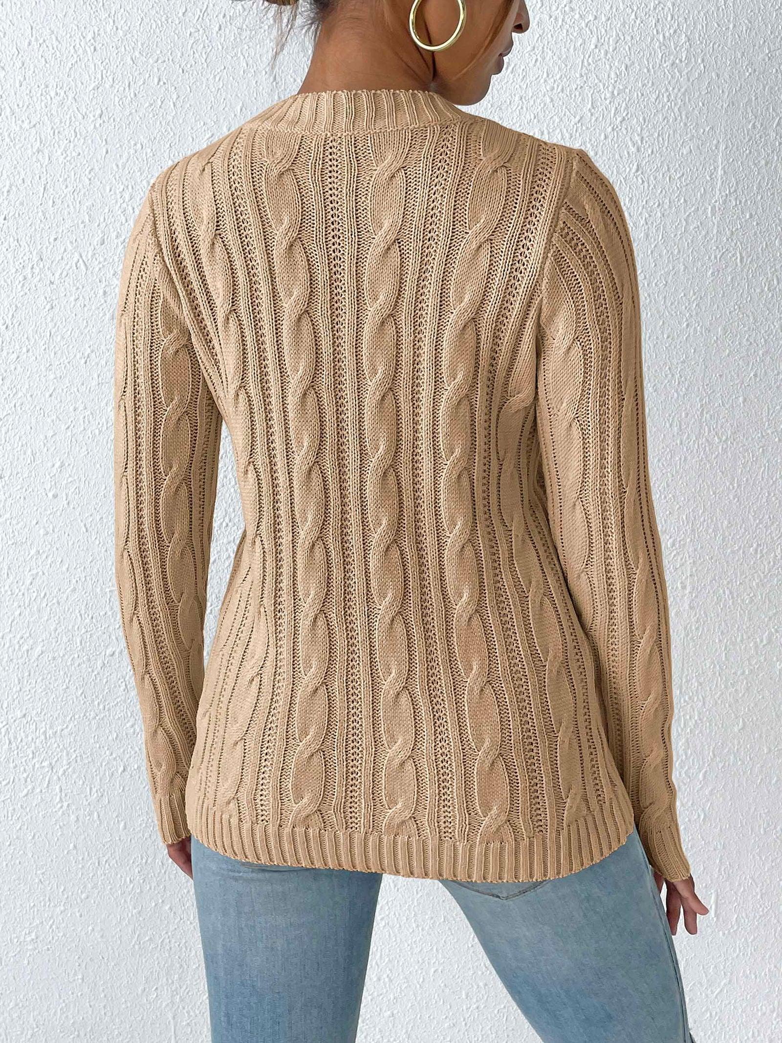 Cable-Knit Heart Round Neck Long Sleeve Sweater - Clothes For Her Online Store