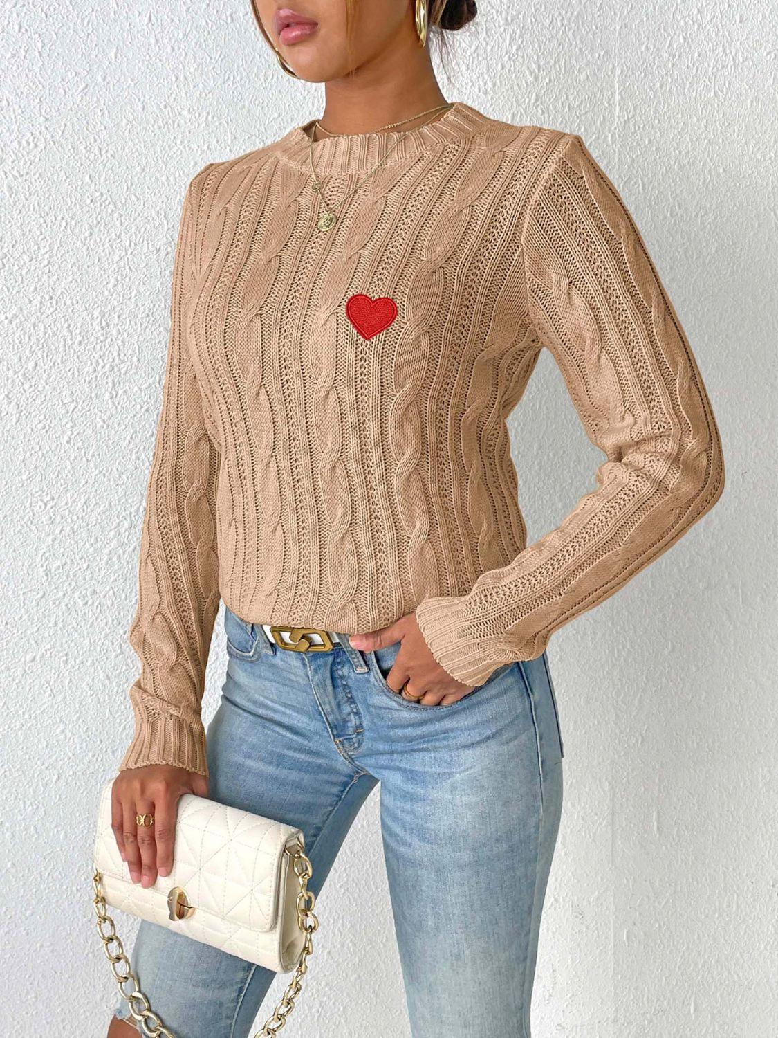 Cable-Knit Heart Round Neck Long Sleeve Sweater - Clothes For Her Online Store