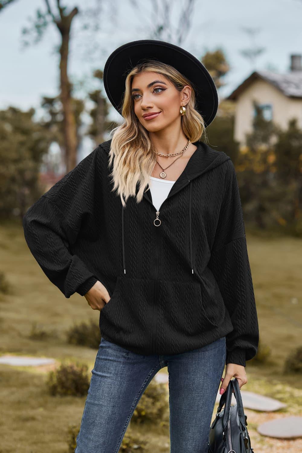 Cable-Knit Long Sleeve Hooded Jacket - Clothes For Her Online Store