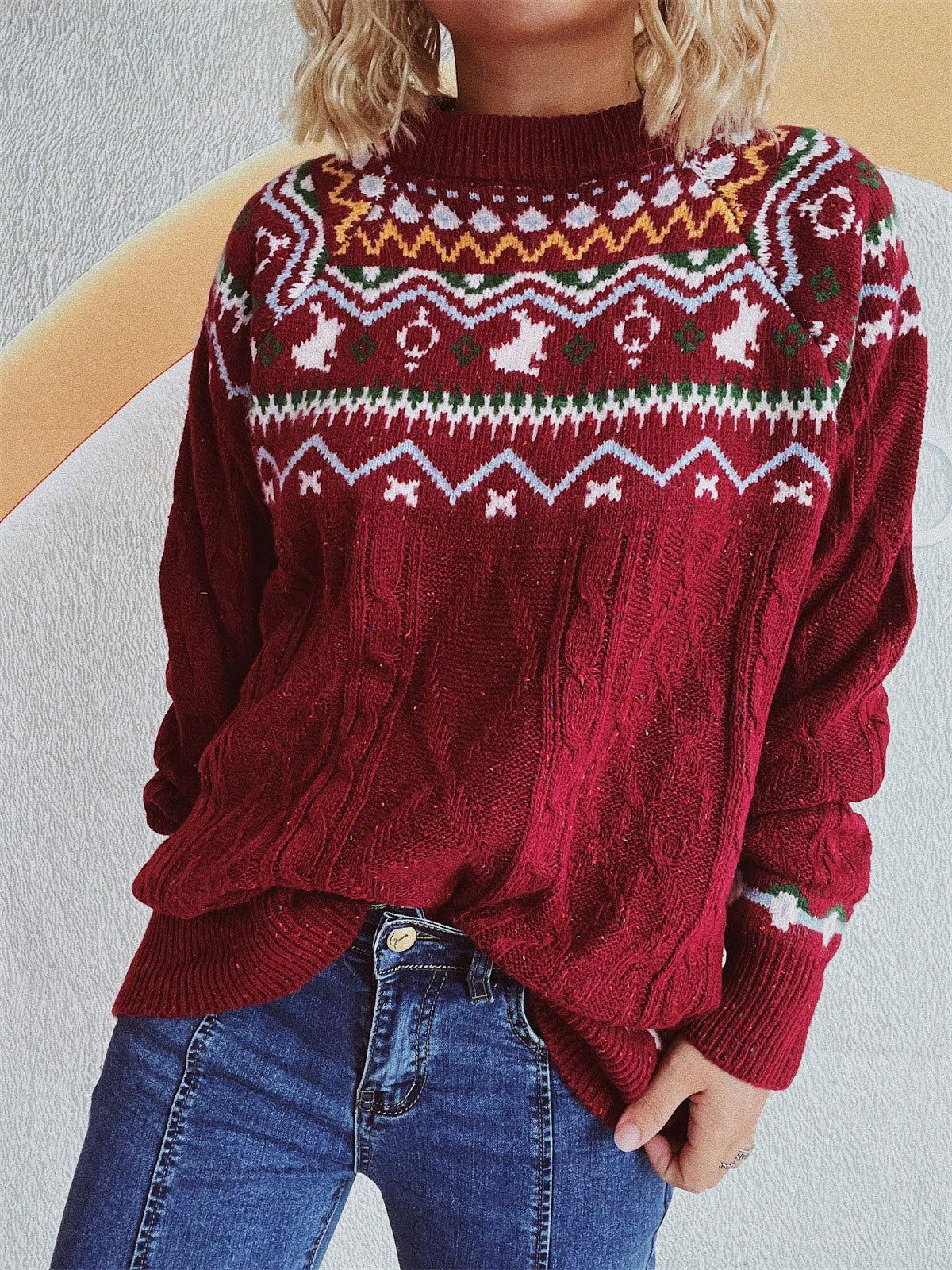 Cable-Knit Mock Neck Long Sleeve Sweater - Clothes For Her Online Store