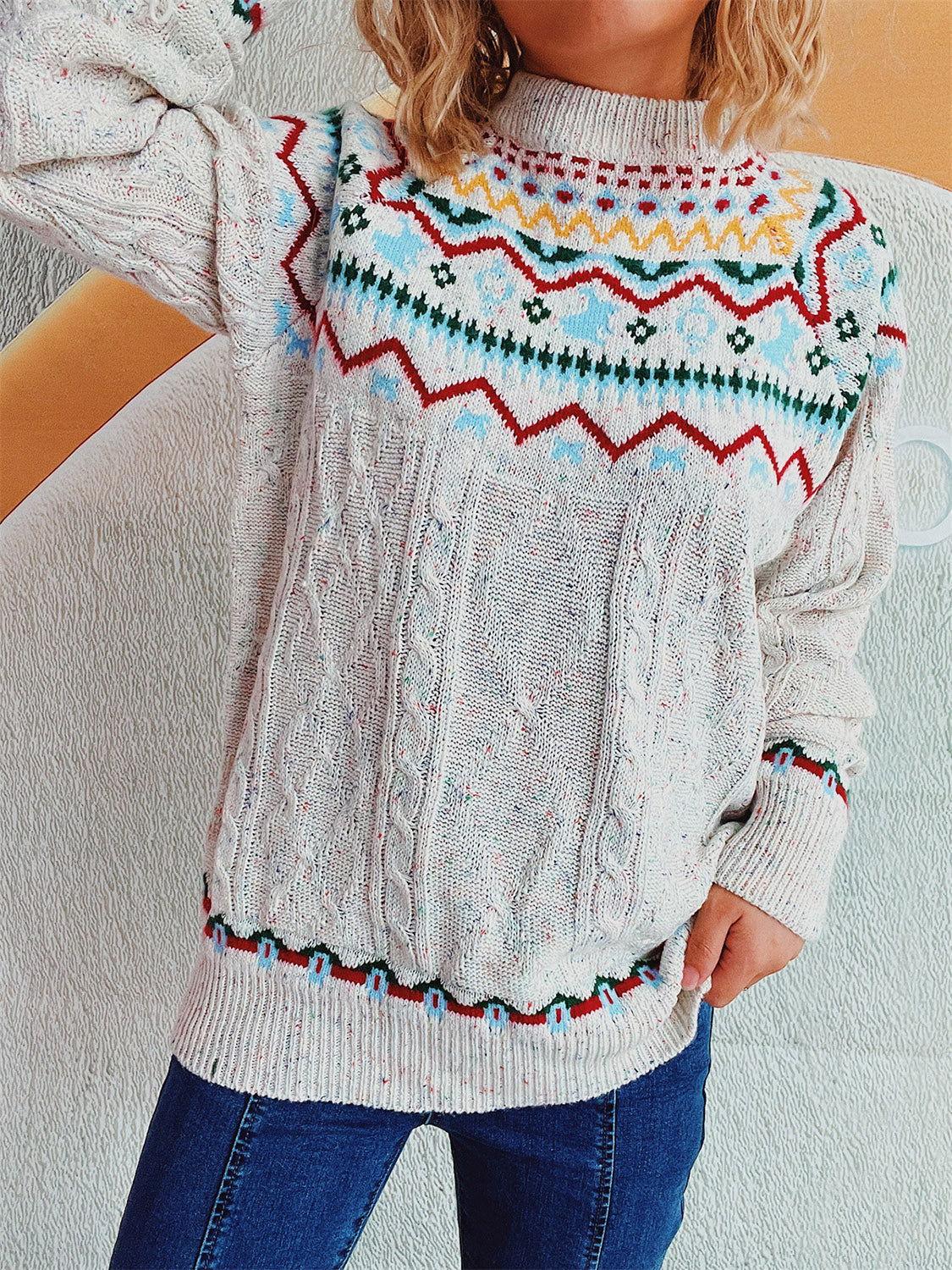 Cable-Knit Mock Neck Long Sleeve Sweater - Clothes For Her Online Store