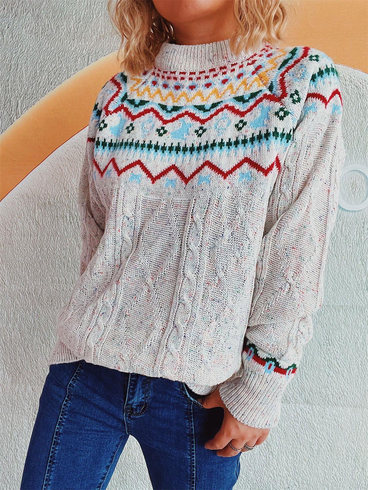 Cable-Knit Mock Neck Long Sleeve Sweater - Clothes For Her Online Store