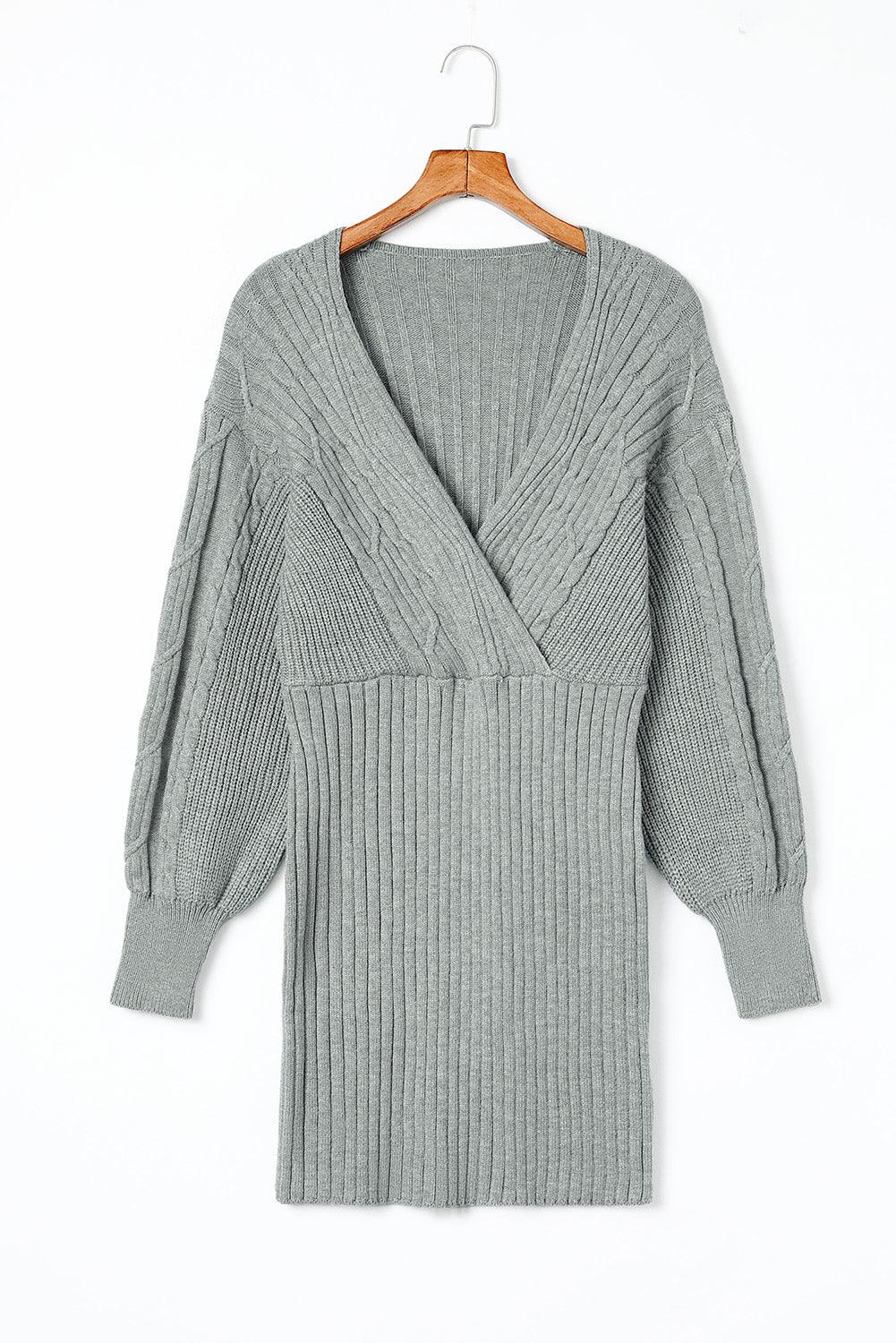 Cable-Knit Surplice Lantern Sleeve Sweater Dress - Clothes For Her Online Store