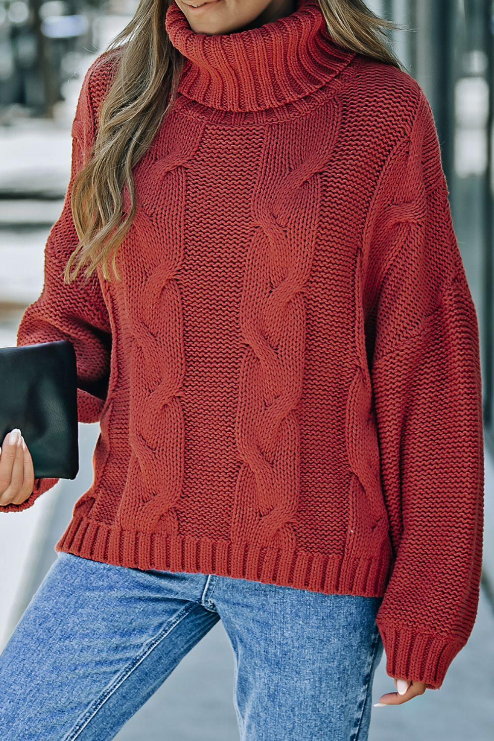 Cable-Knit Turtleneck Dropped Shoulder Sweater - Clothes For Her Online Store