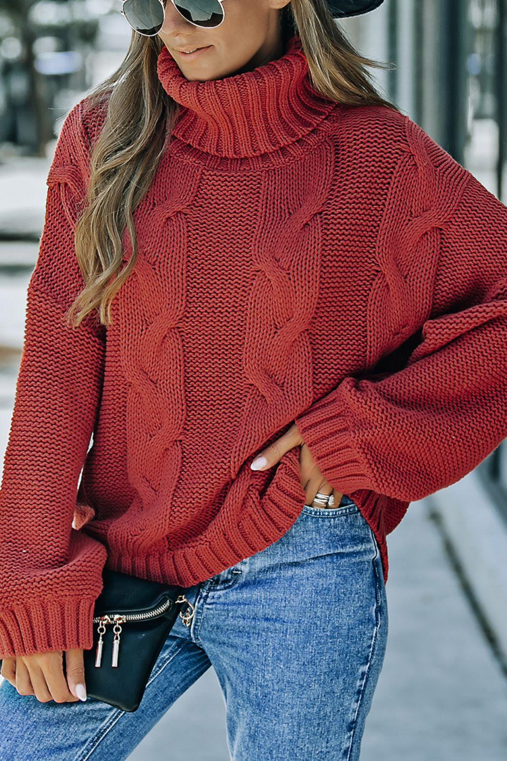 Cable-Knit Turtleneck Dropped Shoulder Sweater - Clothes For Her Online Store
