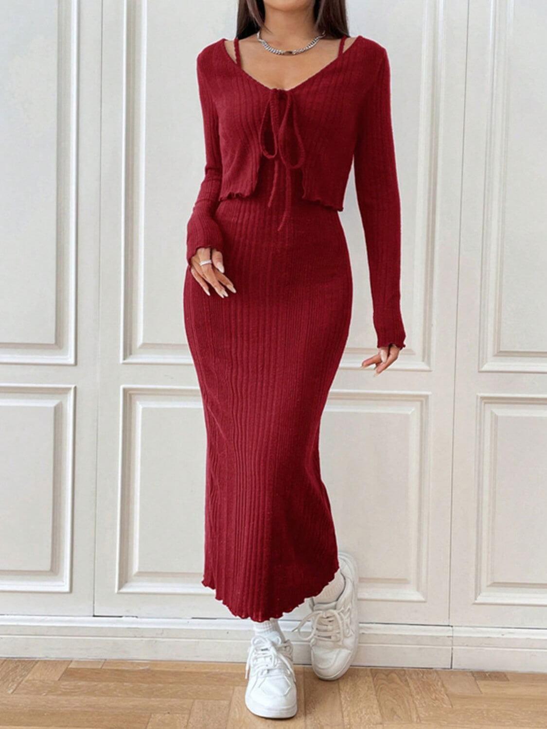 Cami Dress and Tied Long Sleeve Cardigan Set - Clothes For Her Online Store