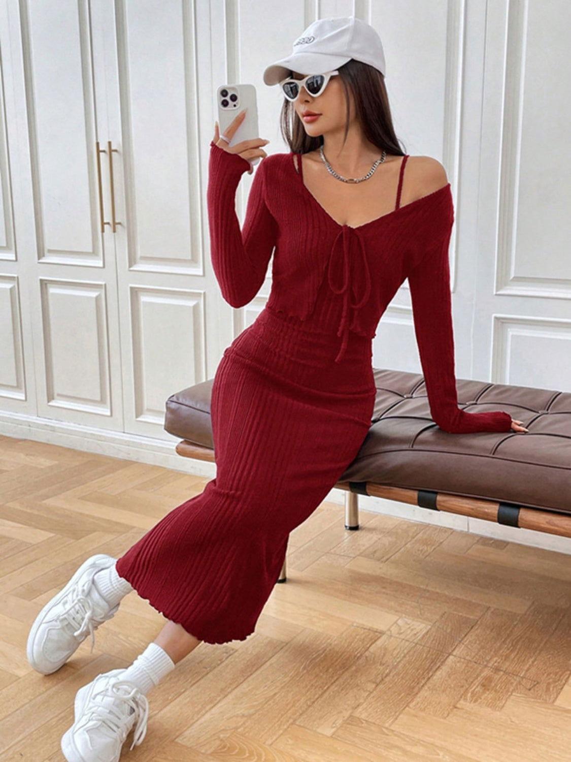Cami Dress and Tied Long Sleeve Cardigan Set - Clothes For Her Online Store