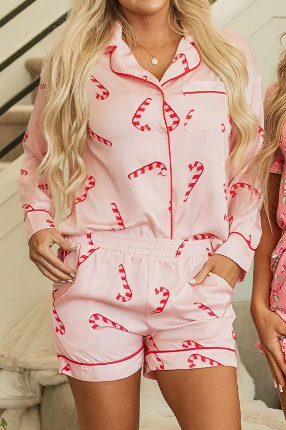 Candy Cane Collared Neck Long Sleeve Top and Shorts Lounge Set - Clothes For Her Online Store