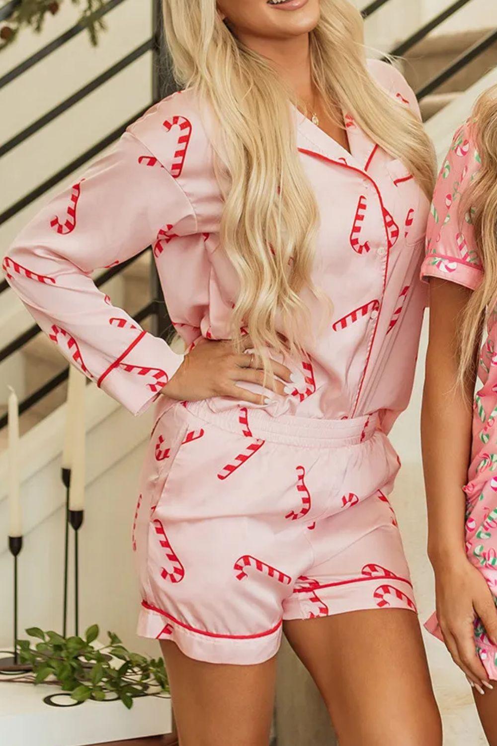 Candy Cane Collared Neck Long Sleeve Top and Shorts Lounge Set - Clothes For Her Online Store
