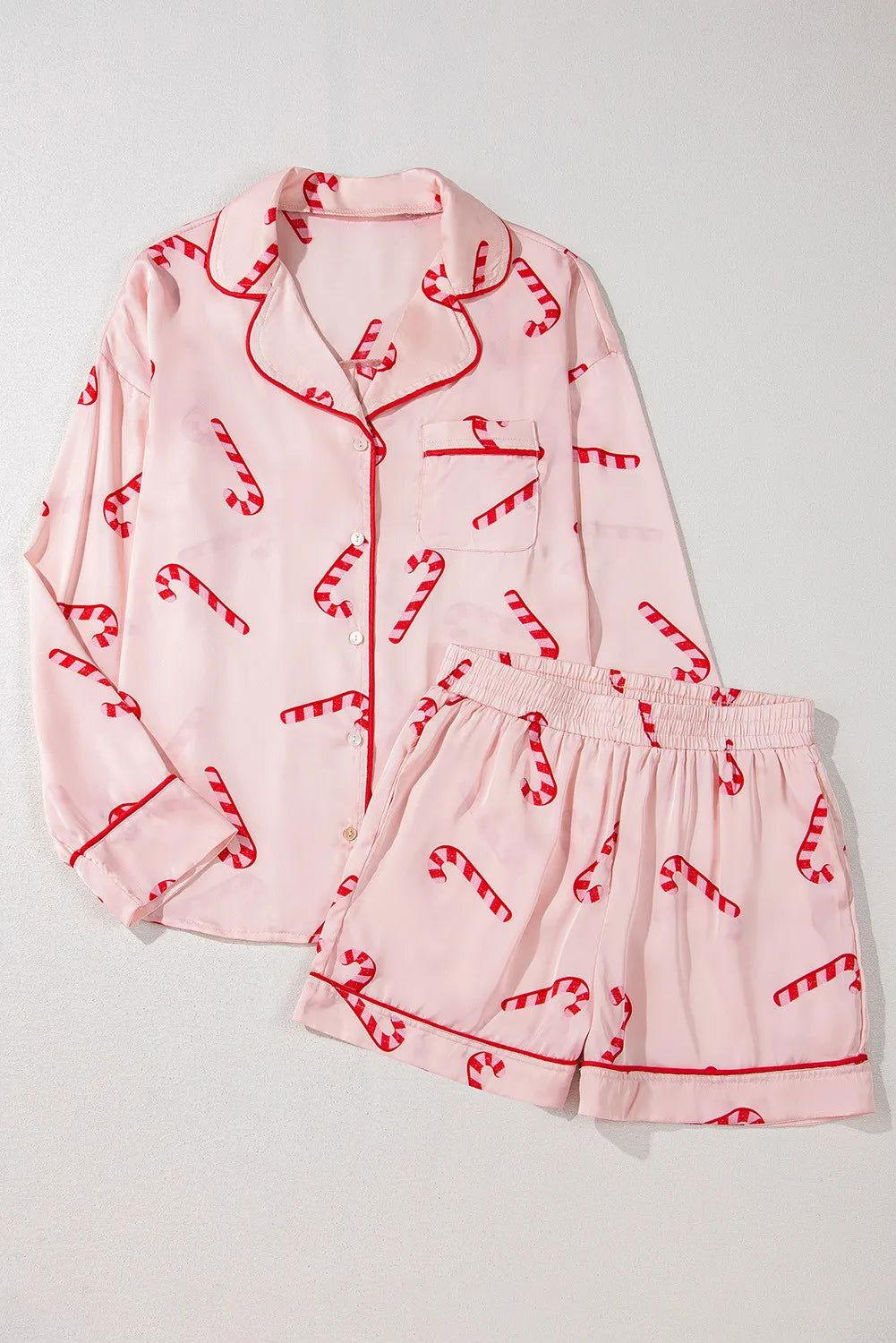 Candy Cane Collared Neck Long Sleeve Top and Shorts Lounge Set - Clothes For Her Online Store