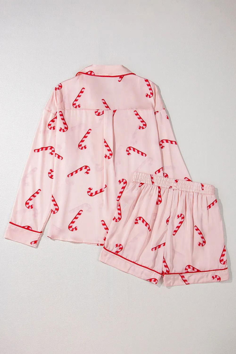 Candy Cane Collared Neck Long Sleeve Top and Shorts Lounge Set - Clothes For Her Online Store