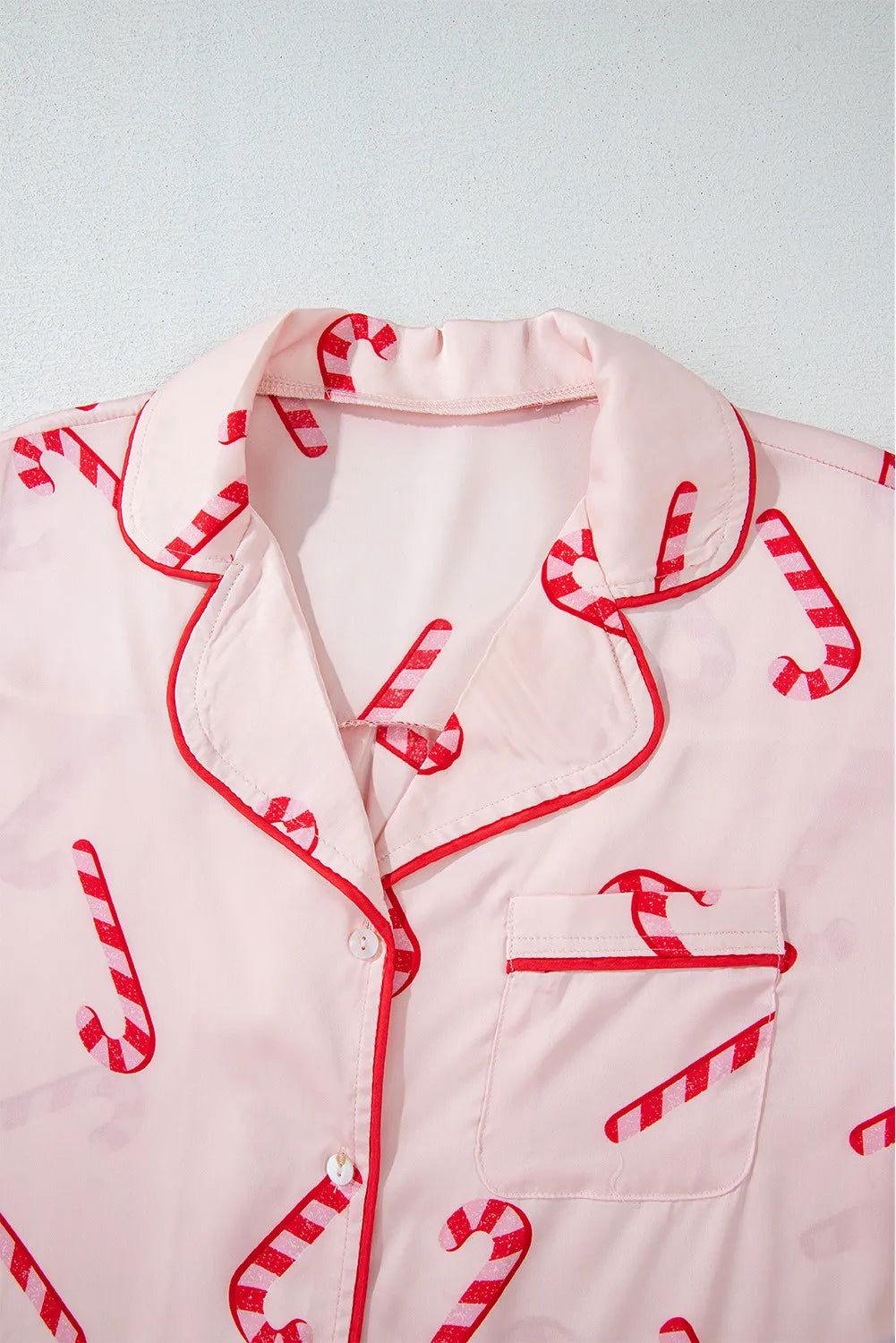 Candy Cane Collared Neck Long Sleeve Top and Shorts Lounge Set - Clothes For Her Online Store