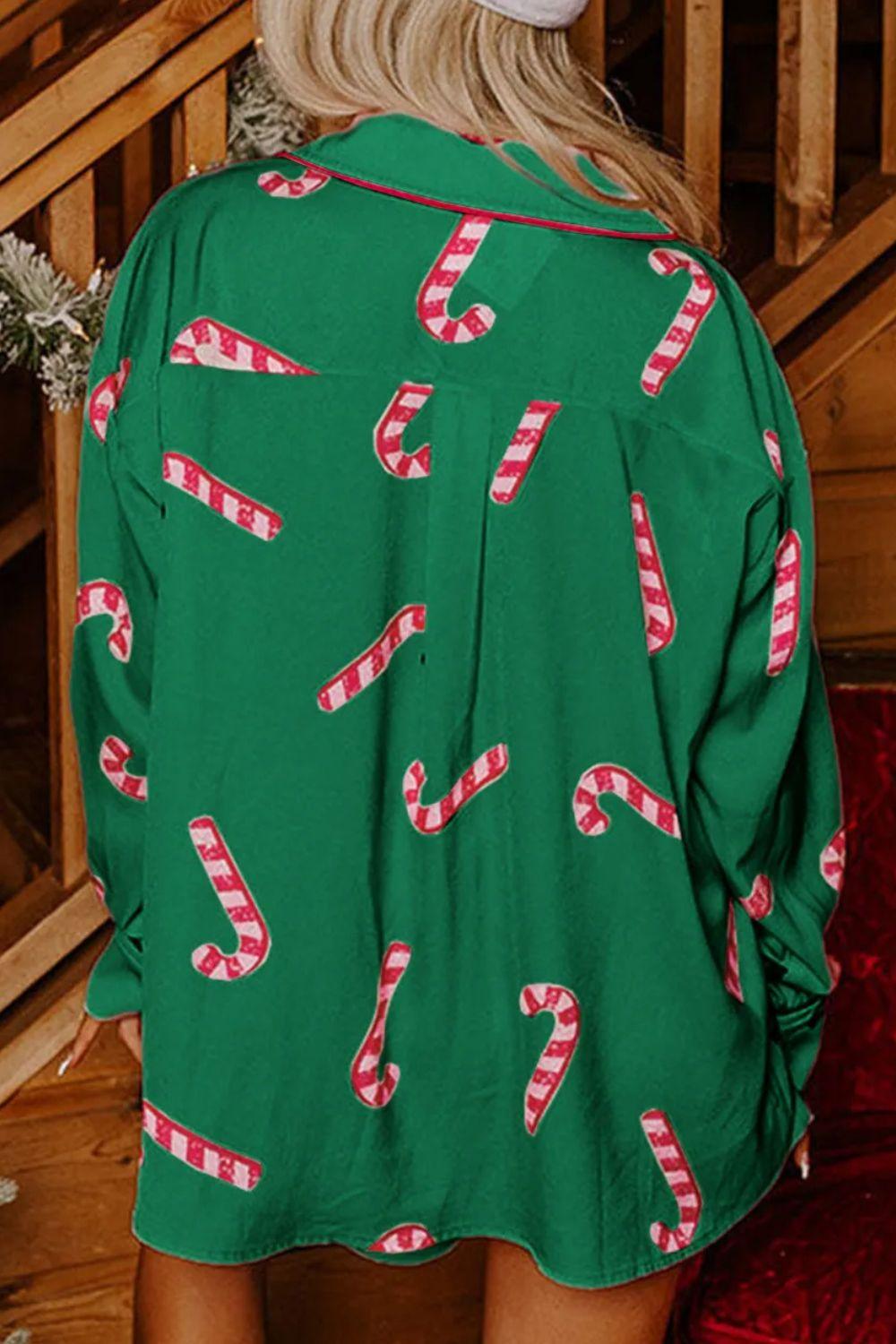 Candy Cane Collared Neck Long Sleeve Top and Shorts Lounge Set - Clothes For Her Online Store