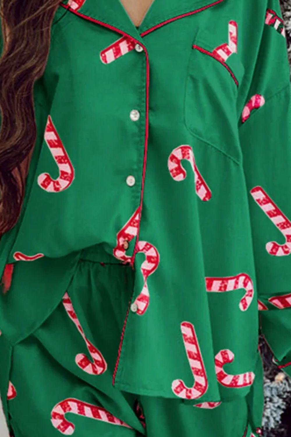 Candy Cane Collared Neck Long Sleeve Top and Shorts Lounge Set - Clothes For Her Online Store