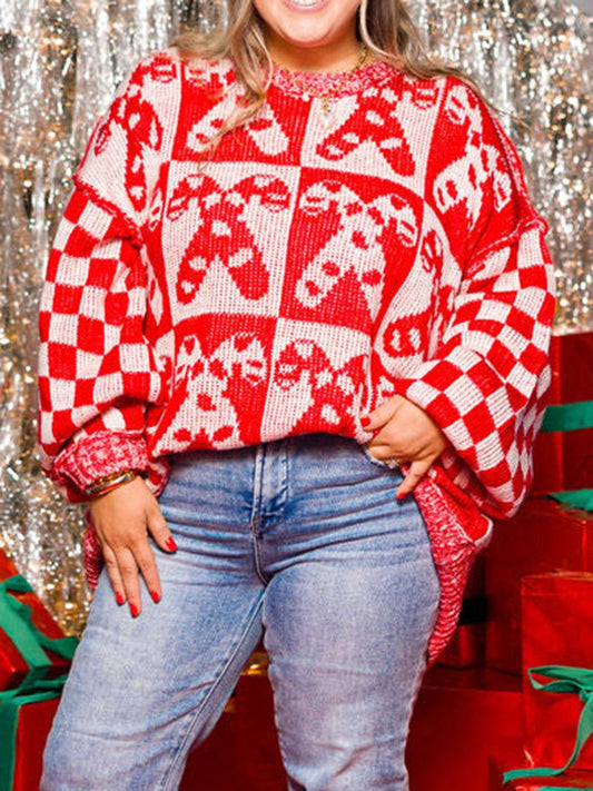 Candy Cane Contrast Round Neck Sweater - Clothes For Her Online Store