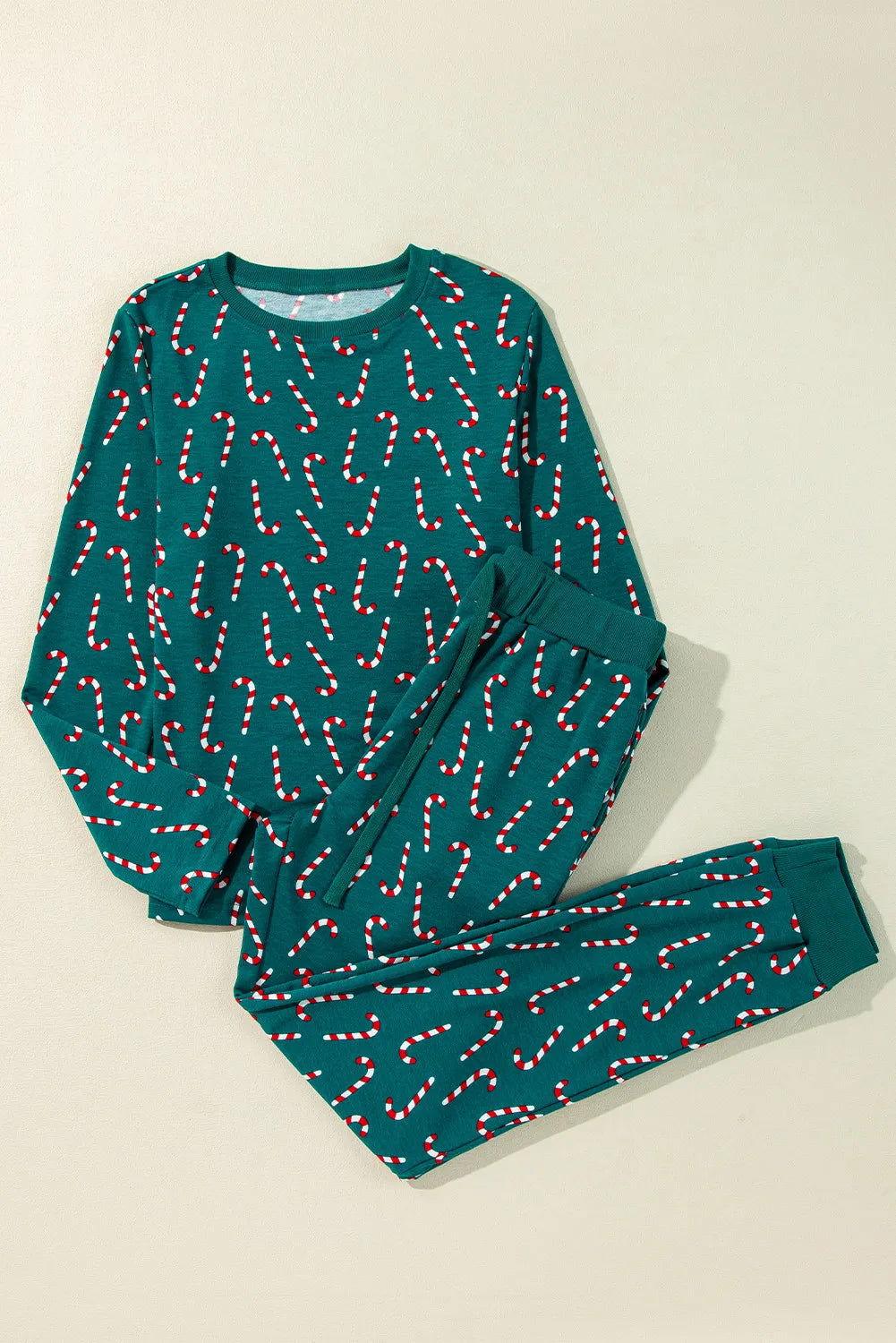 Candy Cane Print Round Neck Top and Pants Lounge Set - Clothes For Her Online Store