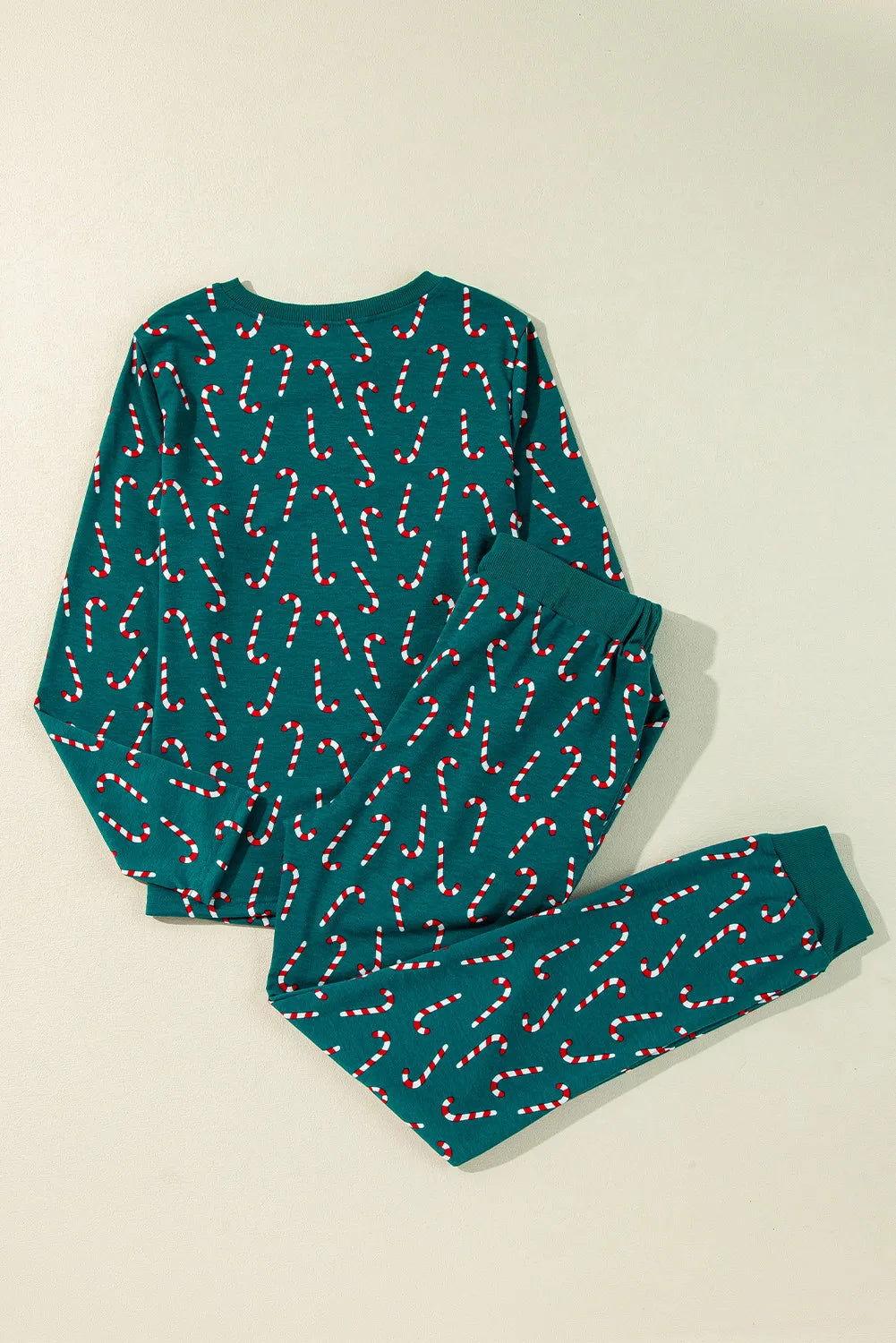 Candy Cane Print Round Neck Top and Pants Lounge Set - Clothes For Her Online Store