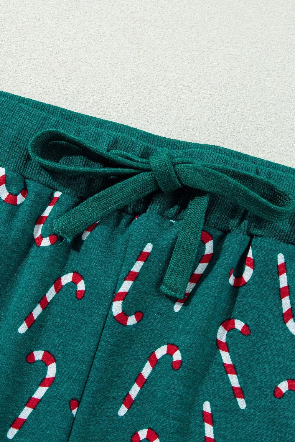 Candy Cane Print Round Neck Top and Pants Lounge Set - Clothes For Her Online Store