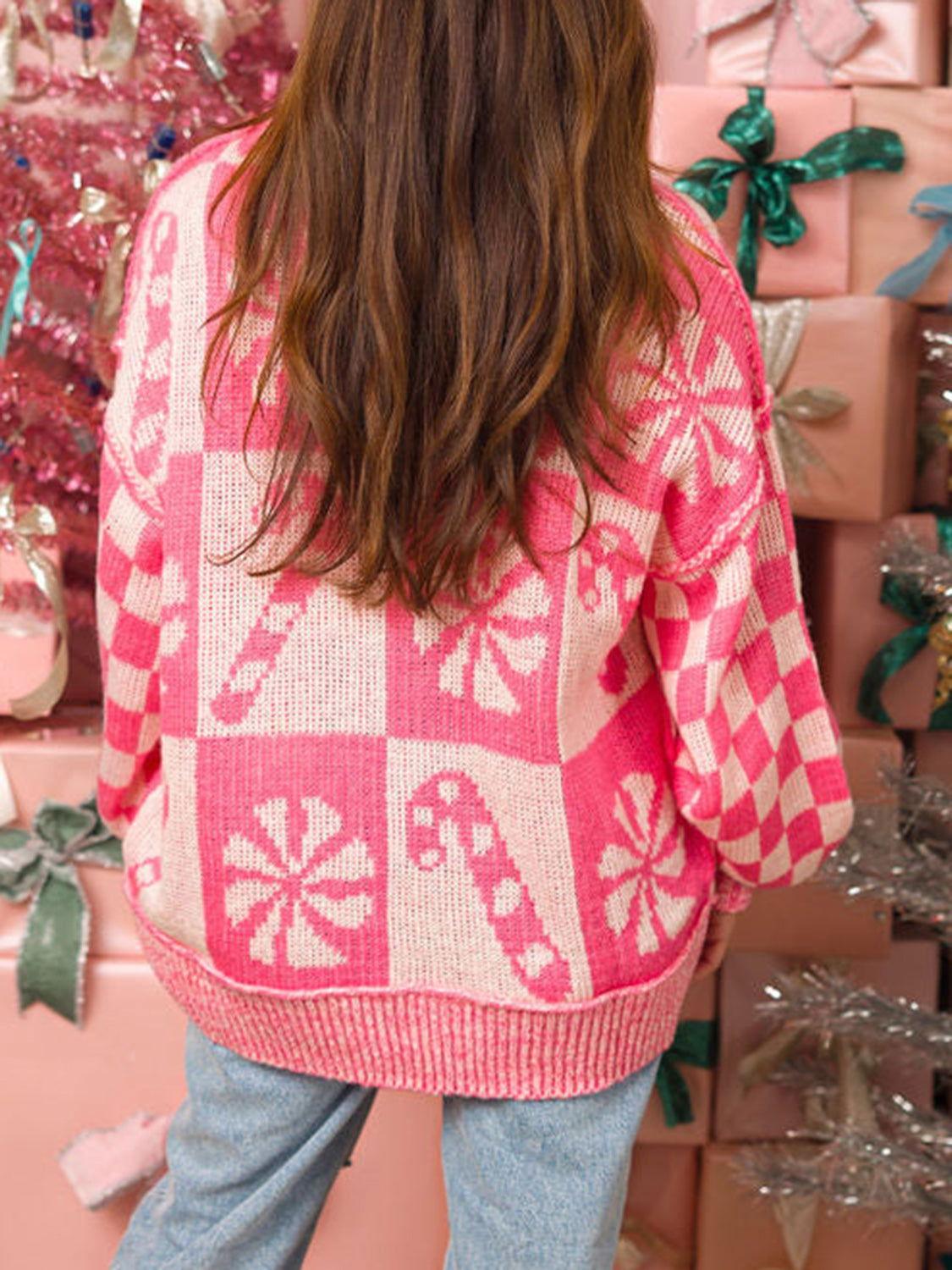Candy Cane Round Neck Long Sleeve Sweater - Clothes For Her Online Store