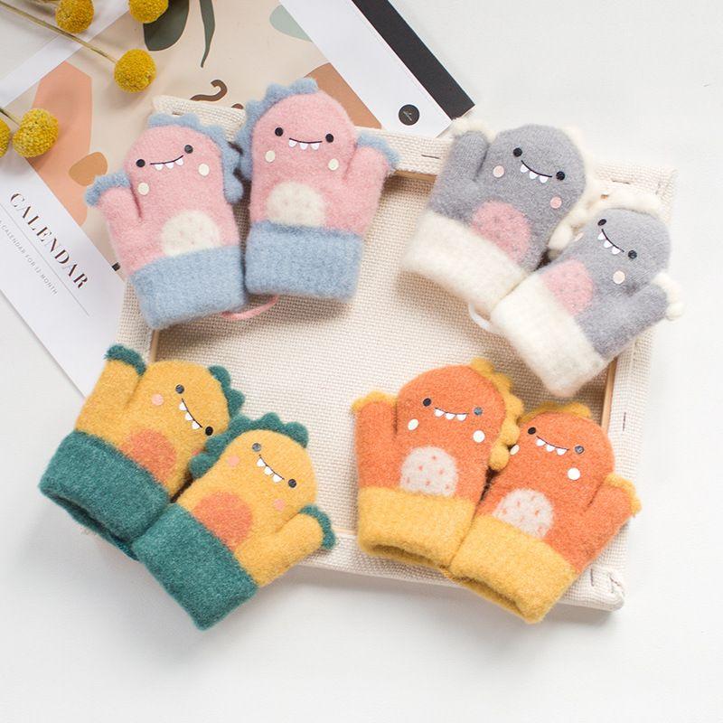 Cartoon Dinosaur Baby Gloves Warm Autumn Winter Kids Girl Boy Full Finger Gloves Knitted Thick Outdoor Children Toddler Mittens - Clothes For Her Online Store