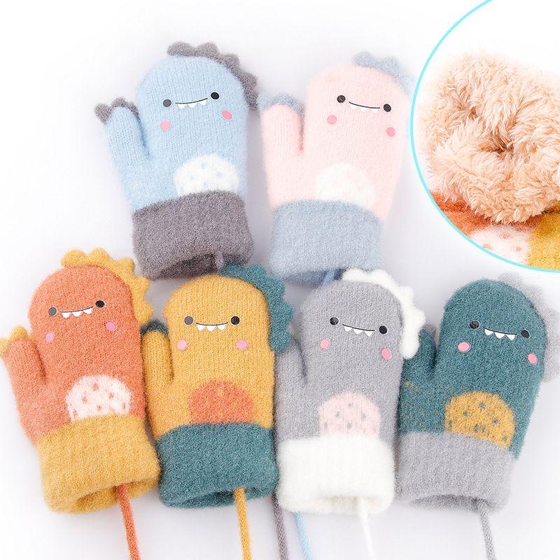 Cartoon Dinosaur Baby Gloves Warm Autumn Winter Kids Girl Boy Full Finger Gloves Knitted Thick Outdoor Children Toddler Mittens - Clothes For Her Online Store