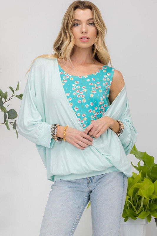 Celeste Full Size Floral Round Neck Top with Two Layer Detail - Clothes For Her Online Store